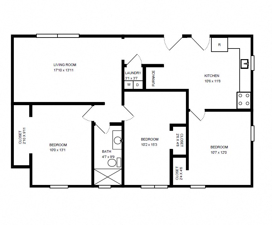 Floor plan for 3 beds, 1 bath, 890 sqft